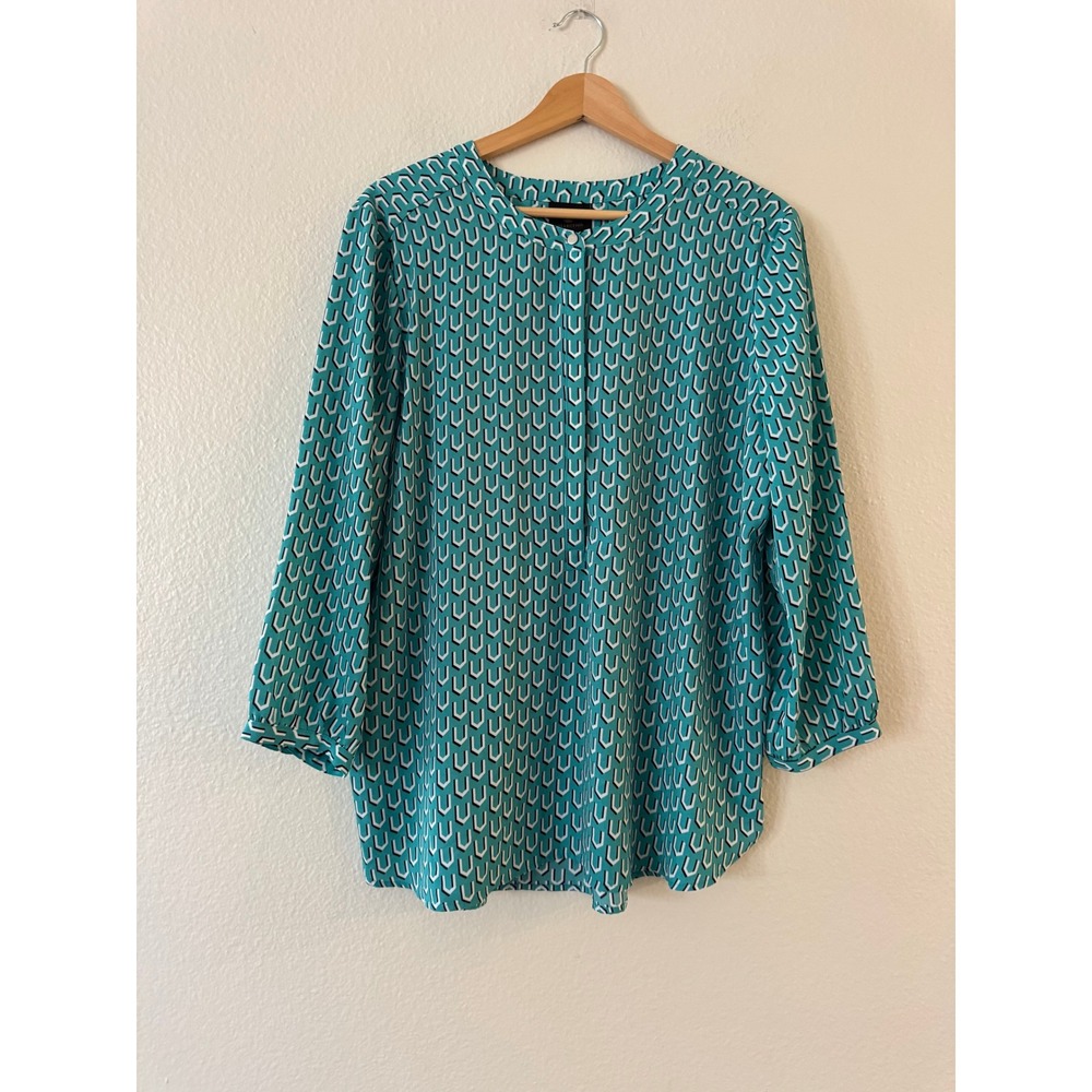 JM Collection Geometric Print 3/4 Sleeve Blouse Size L Teal Black White Exc